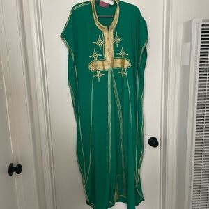 Vintage Treasures of Morocco Long Caftan One Size Green and Gold